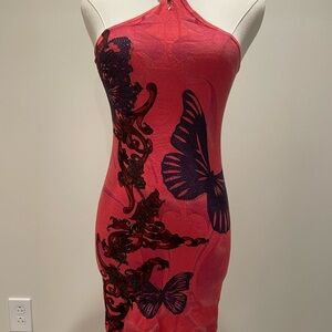 Christian Audigier One Shoulder Pink and Black Dress